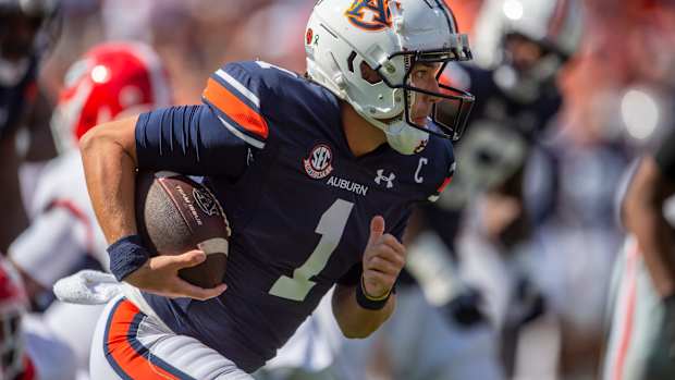 Auburn Tigers quarterback Payton Thorne (1) breaks free for a long run as Auburn Tigers take on Georgia Bulldogs at Jordan-Hare Stadium in Auburn, Ala., on Saturday, Sept. 30, 2021. 